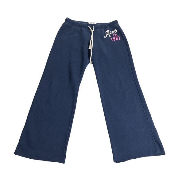 Aeropostale Pants - Aeropostale Wide Leg Flare Sweatpants Womens L Blue Raw Hem Mid Rise Y2K Preppy
